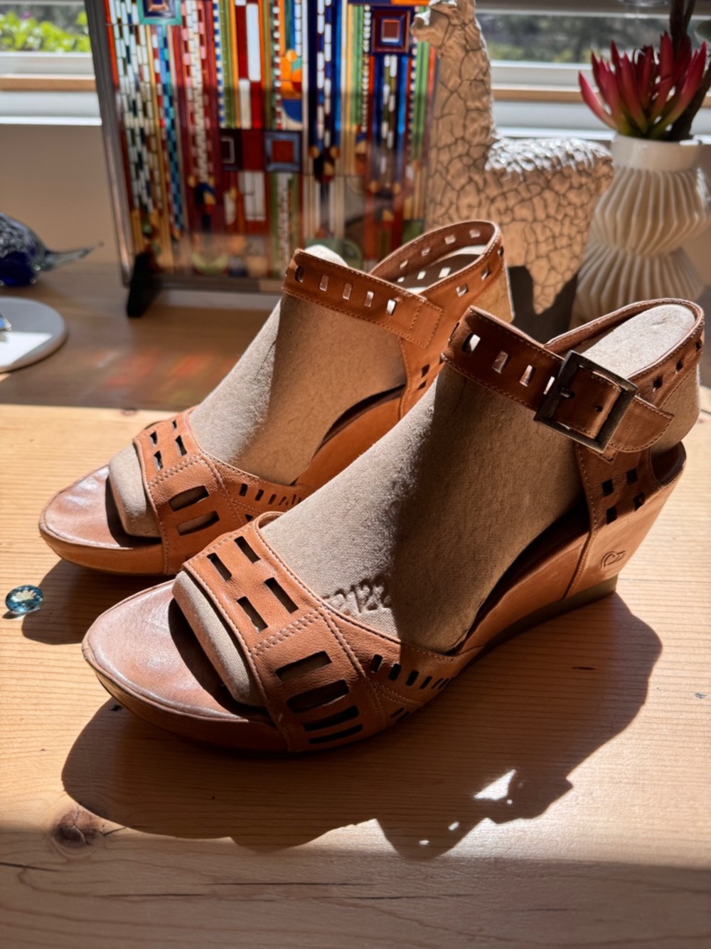 Sundance MamZelle Leather Wedge Sandals Size 40 9.5 Women Tan Geometric Design
